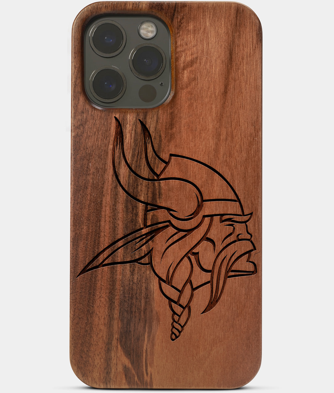 Carved Wood Minnesota Vikings iPhone 13 Pro Max Case | Custom Minnesota Vikings Gift, Birthday Gift | Personalized Mahogany Wood Cover, Gifts For Him, Monogrammed Gift For Fan | by Engraved In Nature
