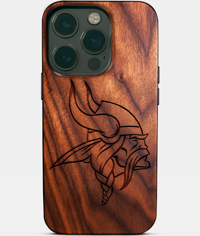 Eco-friendly Minnesota Vikings iPhone 14 Pro Case - Carved Wood Custom Minnesota Vikings Gift For Him - Monogrammed Personalized iPhone 14 Pro Cover By Engraved In Nature