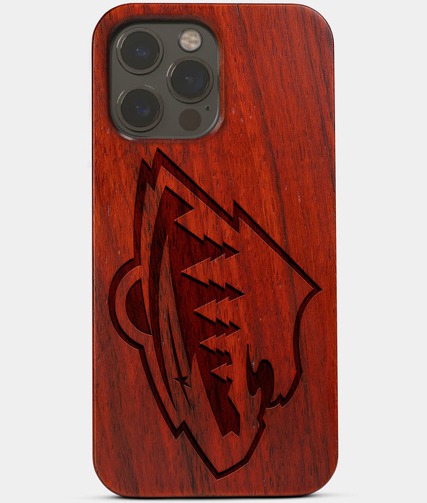 Carved Wood Minnesota Wild iPhone 13 Pro Case | Custom Minnesota Wild Gift, Birthday Gift | Personalized Mahogany Wood Cover, Gifts For Him, Monogrammed Gift For Fan | by Engraved In Nature