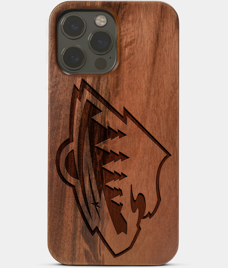 Carved Wood Minnesota Wild iPhone 13 Pro Case | Custom Minnesota Wild Gift, Birthday Gift | Personalized Mahogany Wood Cover, Gifts For Him, Monogrammed Gift For Fan | by Engraved In Nature