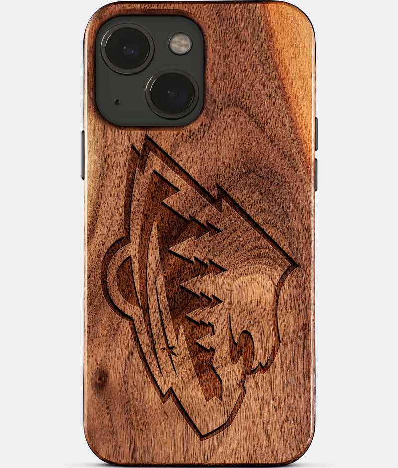 Eco-friendly Minnesota Wild iPhone 15 Plus Case - Carved Wood Custom Minnesota Wild Gift For Him - Monogrammed Personalized iPhone 15 Plus Cover By Engraved In Nature