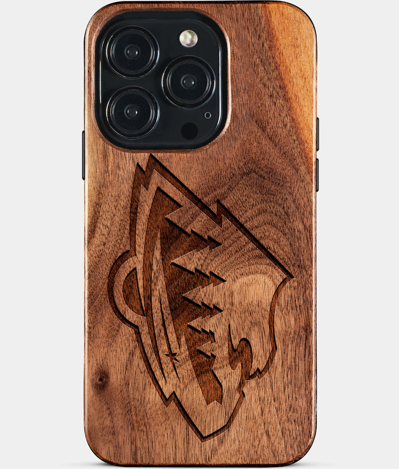 Eco-friendly Minnesota Wild iPhone 15 Pro Case - Carved Wood Custom Minnesota Wild Gift For Him - Monogrammed Personalized iPhone 15 Pro Cover By Engraved In Nature