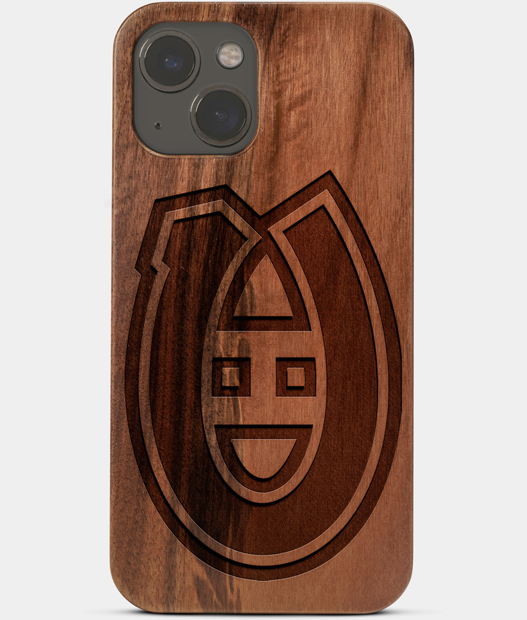 Carved Wood Montreal Canadiens iPhone 13 Mini Case | Custom Montreal Canadiens Gift, Birthday Gift | Personalized Mahogany Wood Cover, Gifts For Him, Monogrammed Gift For Fan | by Engraved In Nature