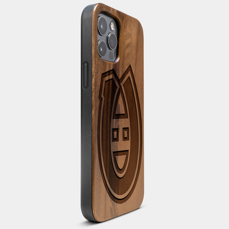 Best Wood Montreal Canadiens iPhone 13 Pro Max Case | Custom Montreal Canadiens Gift | Walnut Wood Cover - Engraved In Nature