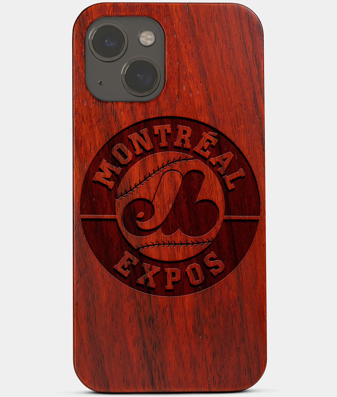 Carved Wood Montreal Expos iPhone 13 Mini Case | Custom Montreal Expos Gift, Birthday Gift | Personalized Mahogany Wood Cover, Gifts For Him, Monogrammed Gift For Fan | by Engraved In Nature