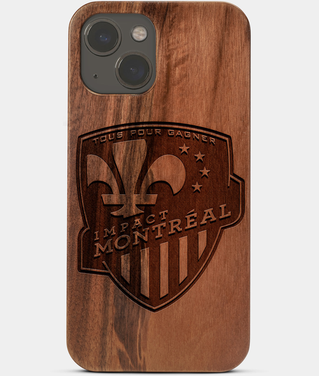 Carved Wood Montreal Impact iPhone 13 Mini Case | Custom Montreal Impact Gift, Birthday Gift | Personalized Mahogany Wood Cover, Gifts For Him, Monogrammed Gift For Fan | by Engraved In Nature