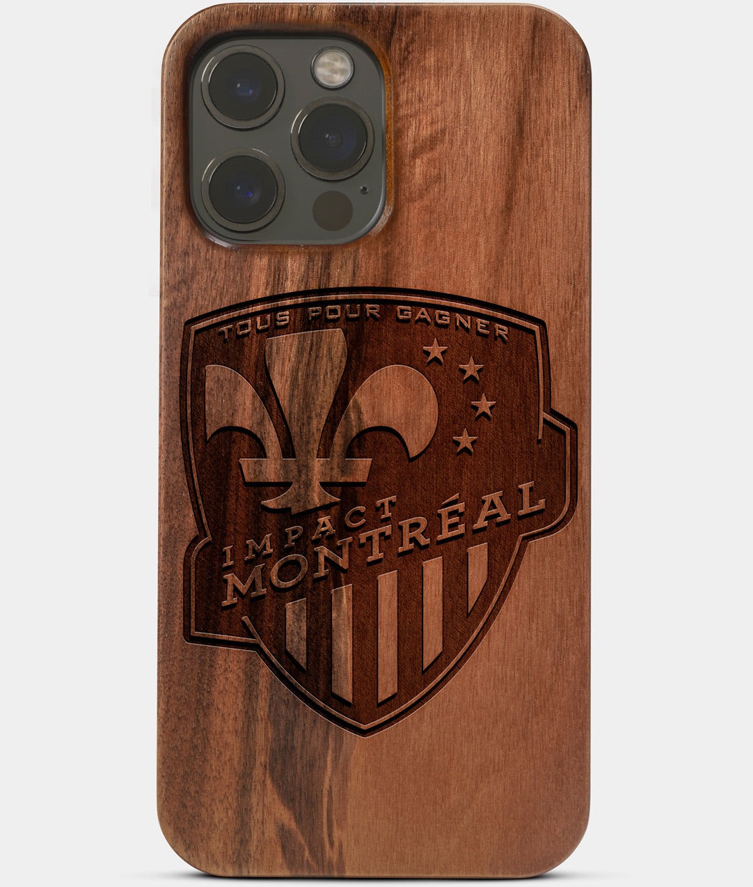 Carved Wood Montreal Impact iPhone 13 Pro Case | Custom Montreal Impact Gift, Birthday Gift | Personalized Mahogany Wood Cover, Gifts For Him, Monogrammed Gift For Fan | by Engraved In Nature