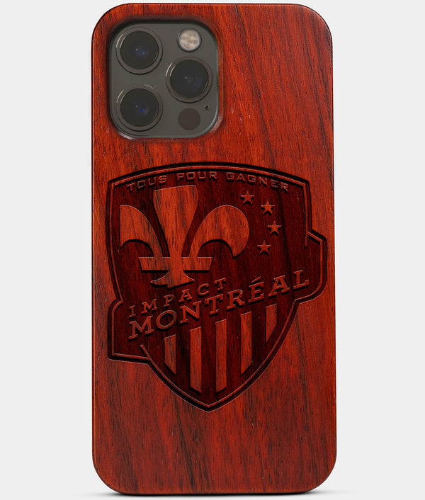 Carved Wood Montreal Impact iPhone 13 Pro Max Case | Custom Montreal Impact Gift, Birthday Gift | Personalized Mahogany Wood Cover, Gifts For Him, Monogrammed Gift For Fan | by Engraved In Nature