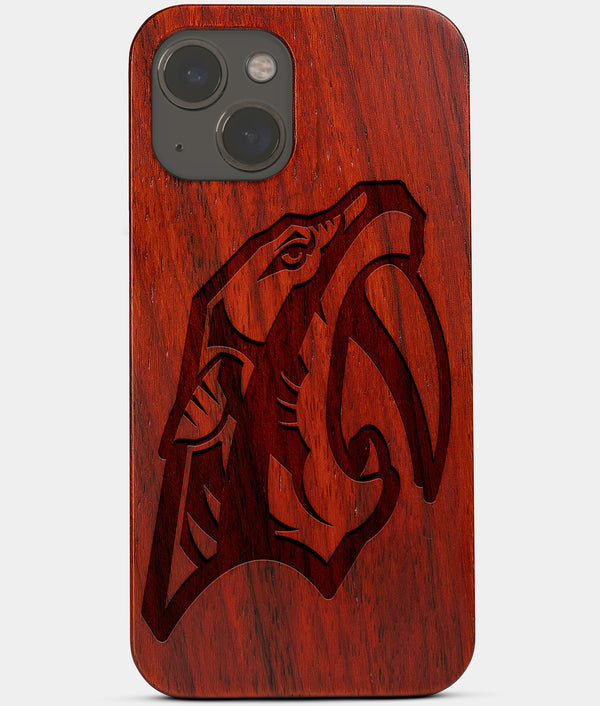 Carved Wood Nashville Predators iPhone 13 Case | Custom Nashville Predators Gift, Birthday Gift | Personalized Mahogany Wood Cover, Gifts For Him, Monogrammed Gift For Fan | by Engraved In Nature