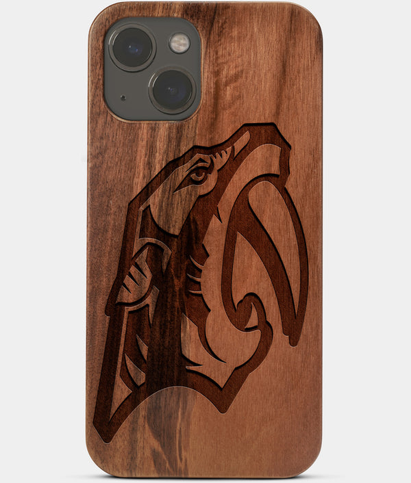 Carved Wood Nashville Predators iPhone 13 Case | Custom Nashville Predators Gift, Birthday Gift | Personalized Mahogany Wood Cover, Gifts For Him, Monogrammed Gift For Fan | by Engraved In Nature