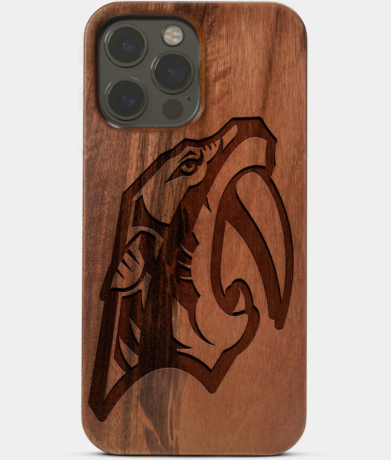 Carved Wood Nashville Predators iPhone 13 Pro Case | Custom Nashville Predators Gift, Birthday Gift | Personalized Mahogany Wood Cover, Gifts For Him, Monogrammed Gift For Fan | by Engraved In Nature