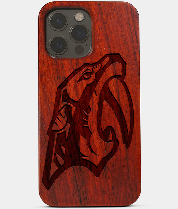 Carved Wood Nashville Predators iPhone 13 Pro Max Case | Custom Nashville Predators Gift, Birthday Gift | Personalized Mahogany Wood Cover, Gifts For Him, Monogrammed Gift For Fan | by Engraved In Nature