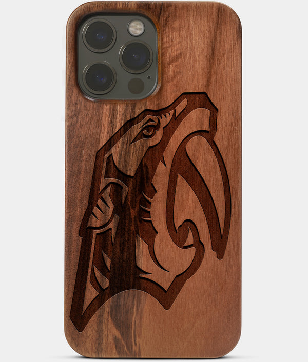 Carved Wood Nashville Predators iPhone 13 Pro Max Case | Custom Nashville Predators Gift, Birthday Gift | Personalized Mahogany Wood Cover, Gifts For Him, Monogrammed Gift For Fan | by Engraved In Nature