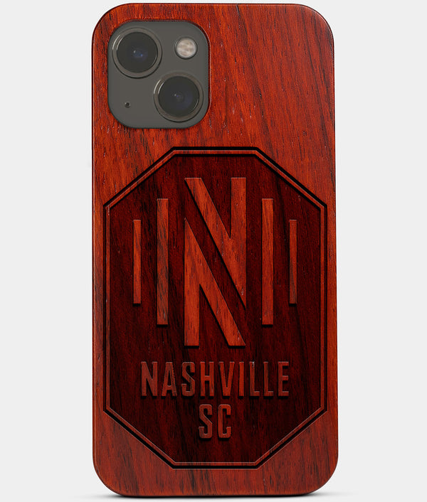 Carved Wood Nashville SC iPhone 13 Mini Case | Custom Nashville SC Gift, Birthday Gift | Personalized Mahogany Wood Cover, Gifts For Him, Monogrammed Gift For Fan | by Engraved In Nature