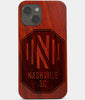 Carved Wood Nashville SC iPhone 13 Mini Case | Custom Nashville SC Gift, Birthday Gift | Personalized Mahogany Wood Cover, Gifts For Him, Monogrammed Gift For Fan | by Engraved In Nature