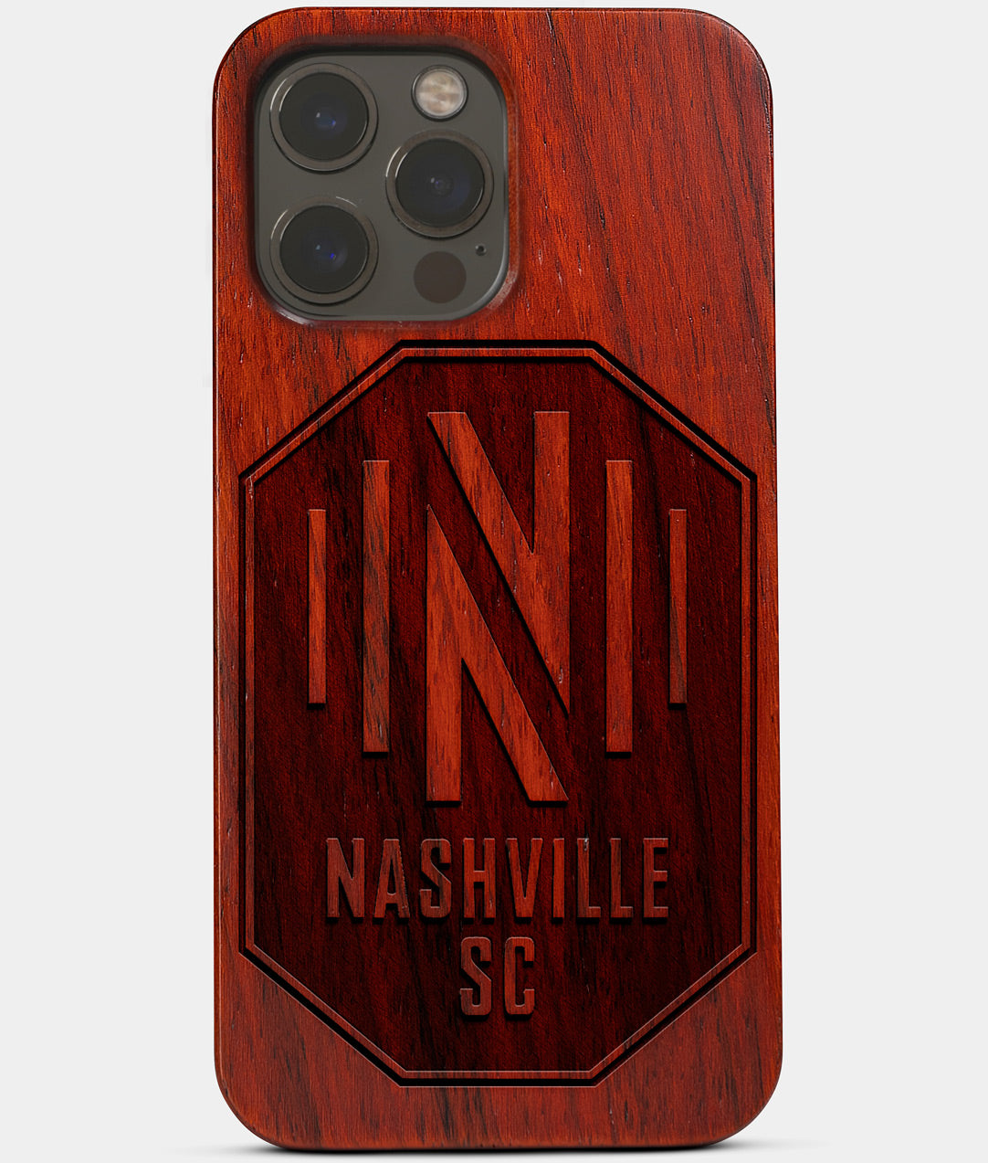 Carved Wood Nashville SC iPhone 13 Pro Max Case | Custom Nashville SC Gift, Birthday Gift | Personalized Mahogany Wood Cover, Gifts For Him, Monogrammed Gift For Fan | by Engraved In Nature