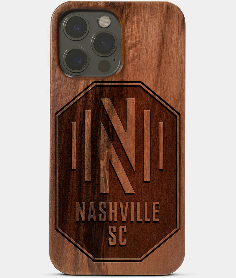 Carved Wood Nashville SC iPhone 13 Pro Max Case | Custom Nashville SC Gift, Birthday Gift | Personalized Mahogany Wood Cover, Gifts For Him, Monogrammed Gift For Fan | by Engraved In Nature