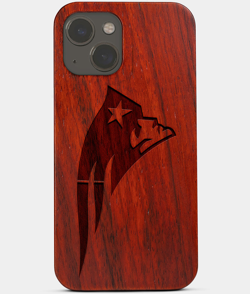 Carved Wood New England Patriots iPhone 13 Case | Custom New England Patriots Gift, Birthday Gift | Personalized Mahogany Wood Cover, Gifts For Him, Monogrammed Gift For Fan | by Engraved In Nature
