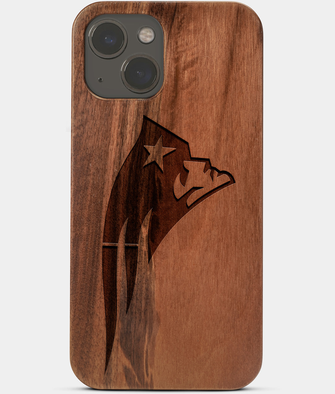 Carved Wood New England Patriots iPhone 13 Case | Custom New England Patriots Gift, Birthday Gift | Personalized Mahogany Wood Cover, Gifts For Him, Monogrammed Gift For Fan | by Engraved In Nature