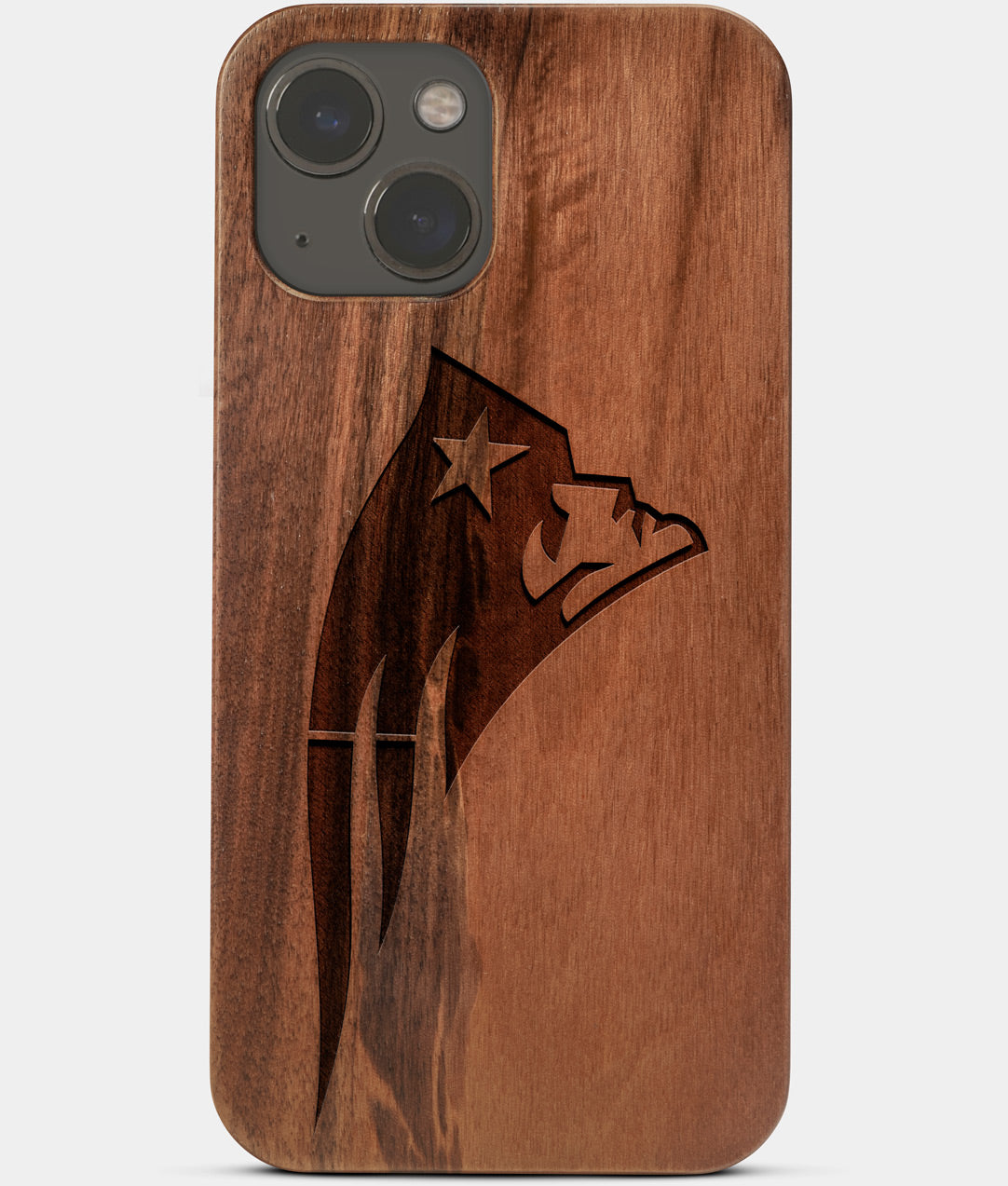 Carved Wood New England Patriots iPhone 13 Mini Case | Custom New England Patriots Gift, Birthday Gift | Personalized Mahogany Wood Cover, Gifts For Him, Monogrammed Gift For Fan | by Engraved In Nature