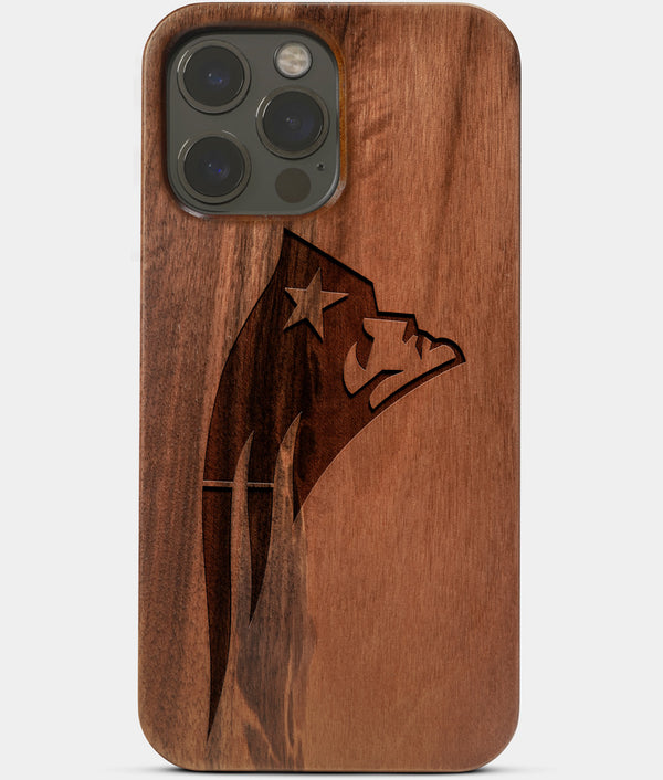 Carved Wood New England Patriots iPhone 13 Pro Case | Custom New England Patriots Gift, Birthday Gift | Personalized Mahogany Wood Cover, Gifts For Him, Monogrammed Gift For Fan | by Engraved In Nature