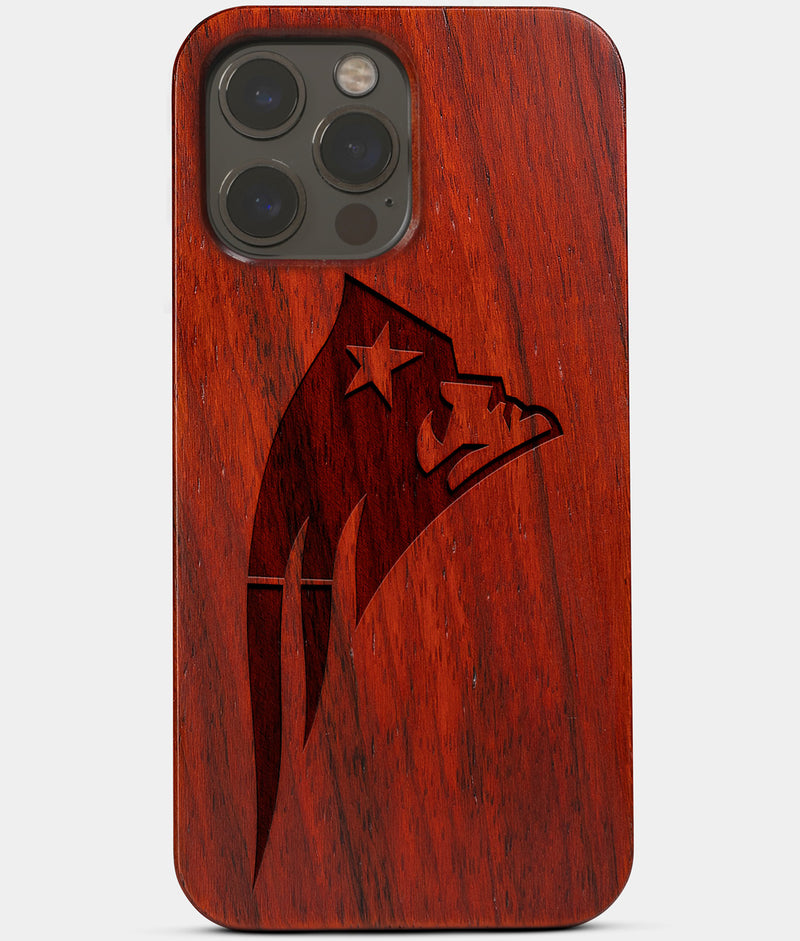 Carved Wood New England Patriots iPhone 13 Pro Max Case | Custom New England Patriots Gift, Birthday Gift | Personalized Mahogany Wood Cover, Gifts For Him, Monogrammed Gift For Fan | by Engraved In Nature