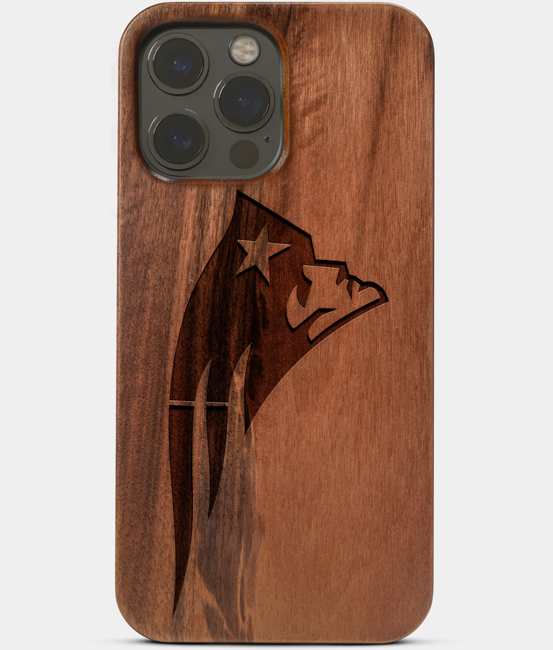 Carved Wood New England Patriots iPhone 13 Pro Max Case | Custom New England Patriots Gift, Birthday Gift | Personalized Mahogany Wood Cover, Gifts For Him, Monogrammed Gift For Fan | by Engraved In Nature