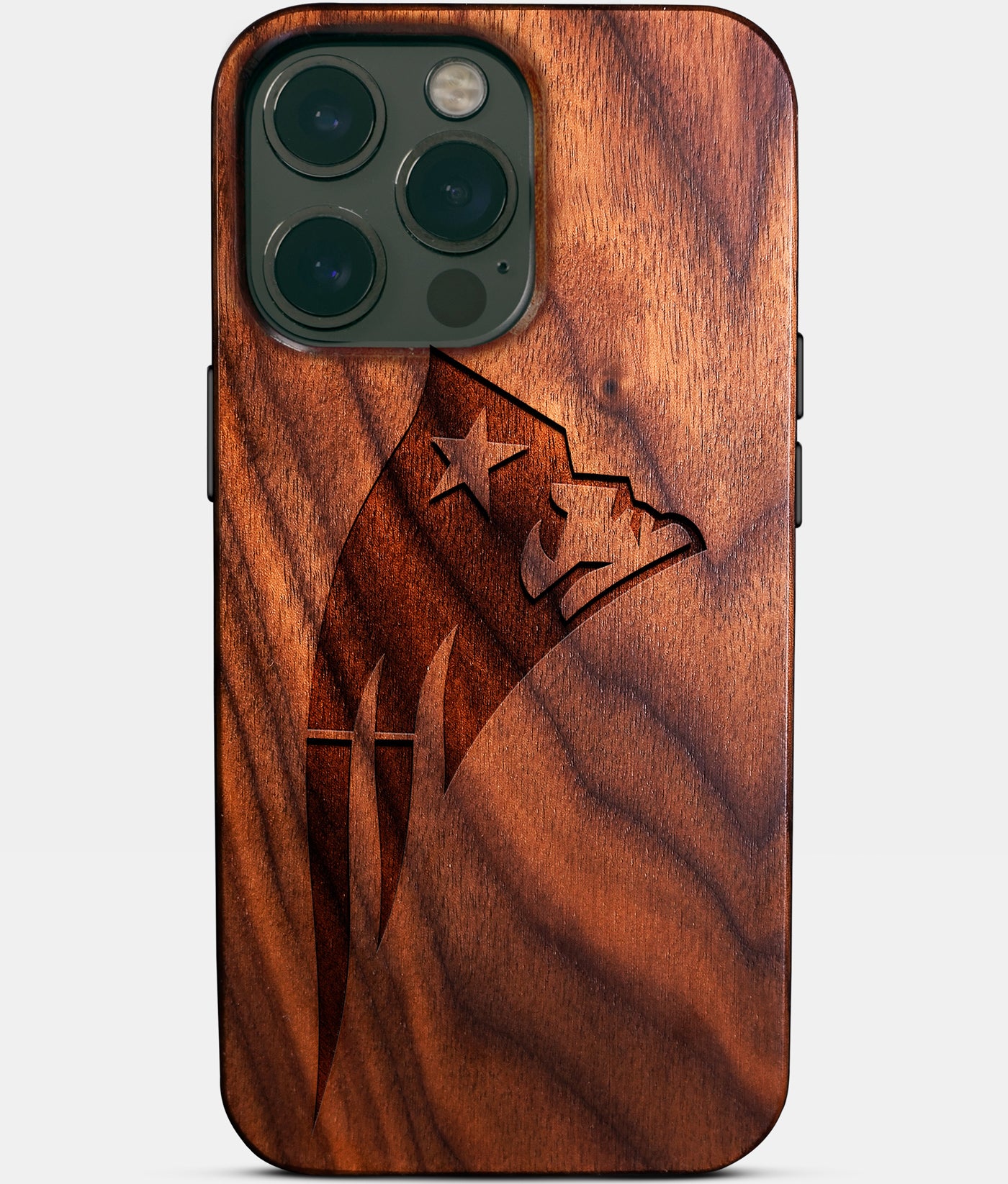 Eco-friendly New England Patriots iPhone 14 Pro Max Case - Carved Wood Custom New England Patriots Gift For Him - Monogrammed Personalized iPhone 14 Pro Max Cover By Engraved In Nature