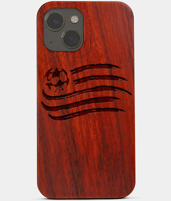 Carved Wood New England Revolution iPhone 13 Mini Case | Custom New England Revolution Gift, Birthday Gift | Personalized Mahogany Wood Cover, Gifts For Him, Monogrammed Gift For Fan | by Engraved In Nature