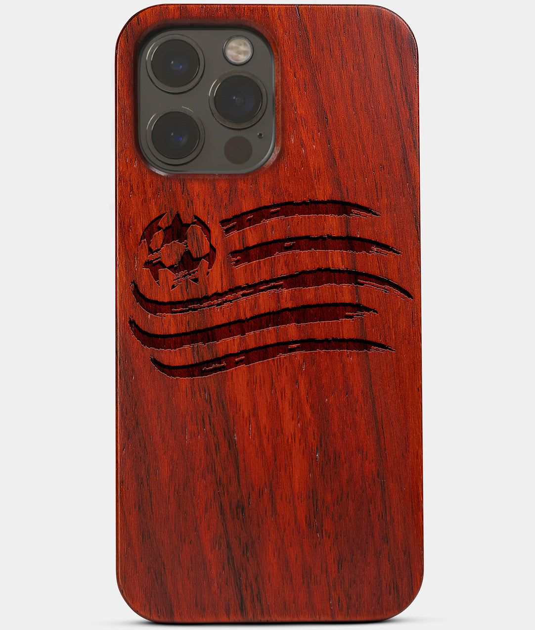 Carved Wood New England Revolution iPhone 13 Pro Max Case | Custom New England Revolution Gift, Birthday Gift | Personalized Mahogany Wood Cover, Gifts For Him, Monogrammed Gift For Fan | by Engraved In Nature
