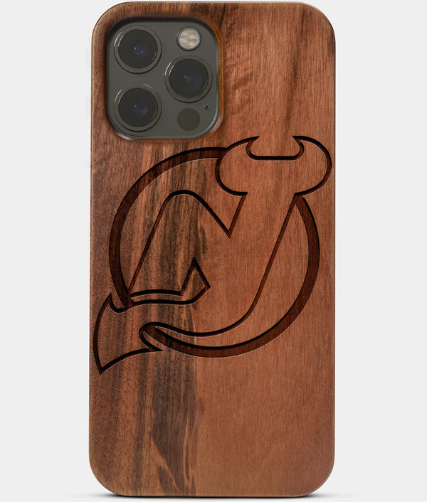 Carved Wood New Jersey Devils iPhone 13 Pro Case | Custom New Jersey Devils Gift, Birthday Gift | Personalized Mahogany Wood Cover, Gifts For Him, Monogrammed Gift For Fan | by Engraved In Nature