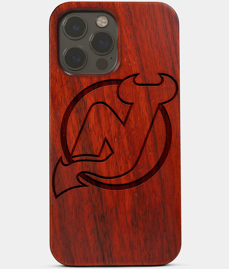 Carved Wood New Jersey Devils iPhone 13 Pro Max Case | Custom New Jersey Devils Gift, Birthday Gift | Personalized Mahogany Wood Cover, Gifts For Him, Monogrammed Gift For Fan | by Engraved In Nature