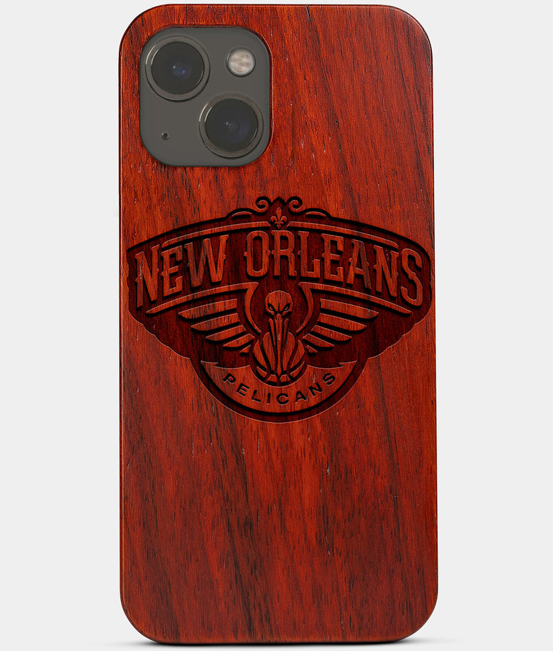 Carved Wood New Orleans Pelicans iPhone 13 Mini Case | Custom New Orleans Pelicans Gift, Birthday Gift | Personalized Mahogany Wood Cover, Gifts For Him, Monogrammed Gift For Fan | by Engraved In Nature