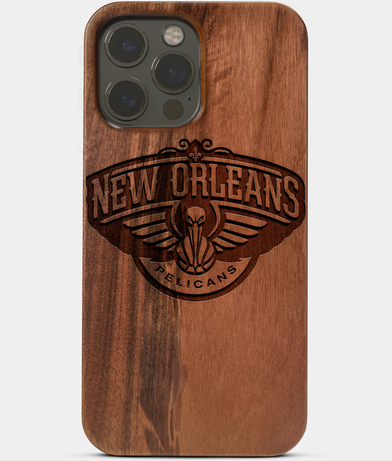Carved Wood New Orleans Pelicans iPhone 13 Pro Case | Custom New Orleans Pelicans Gift, Birthday Gift | Personalized Mahogany Wood Cover, Gifts For Him, Monogrammed Gift For Fan | by Engraved In Nature