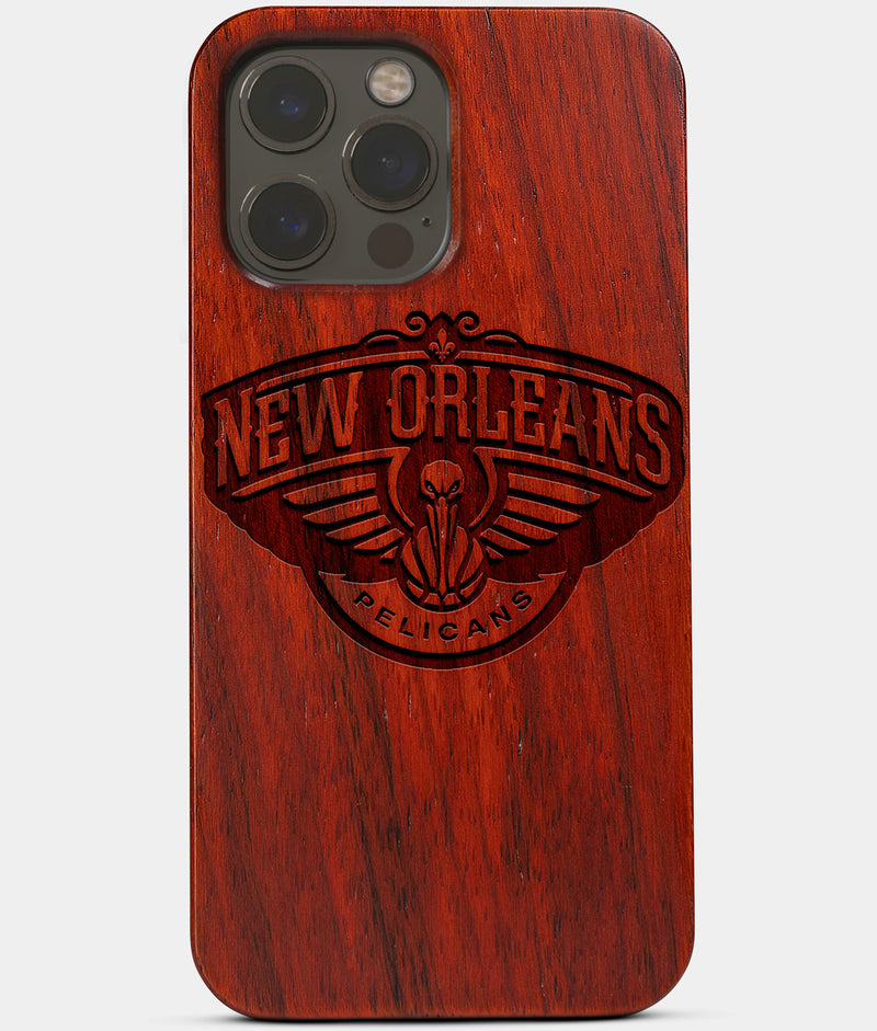 Carved Wood New Orleans Pelicans iPhone 13 Pro Max Case | Custom New Orleans Pelicans Gift, Birthday Gift | Personalized Mahogany Wood Cover, Gifts For Him, Monogrammed Gift For Fan | by Engraved In Nature