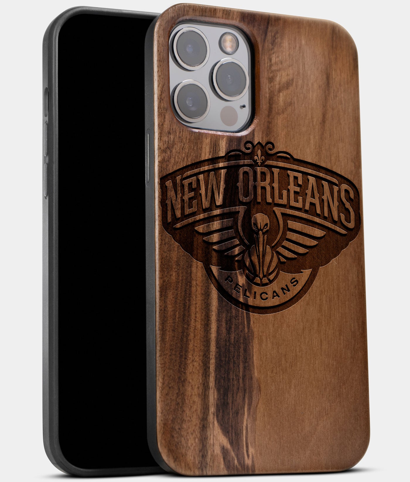 Best Wood New Orleans Pelicans iPhone 13 Pro Max Case | Custom New Orleans Pelicans Gift | Walnut Wood Cover - Engraved In Nature