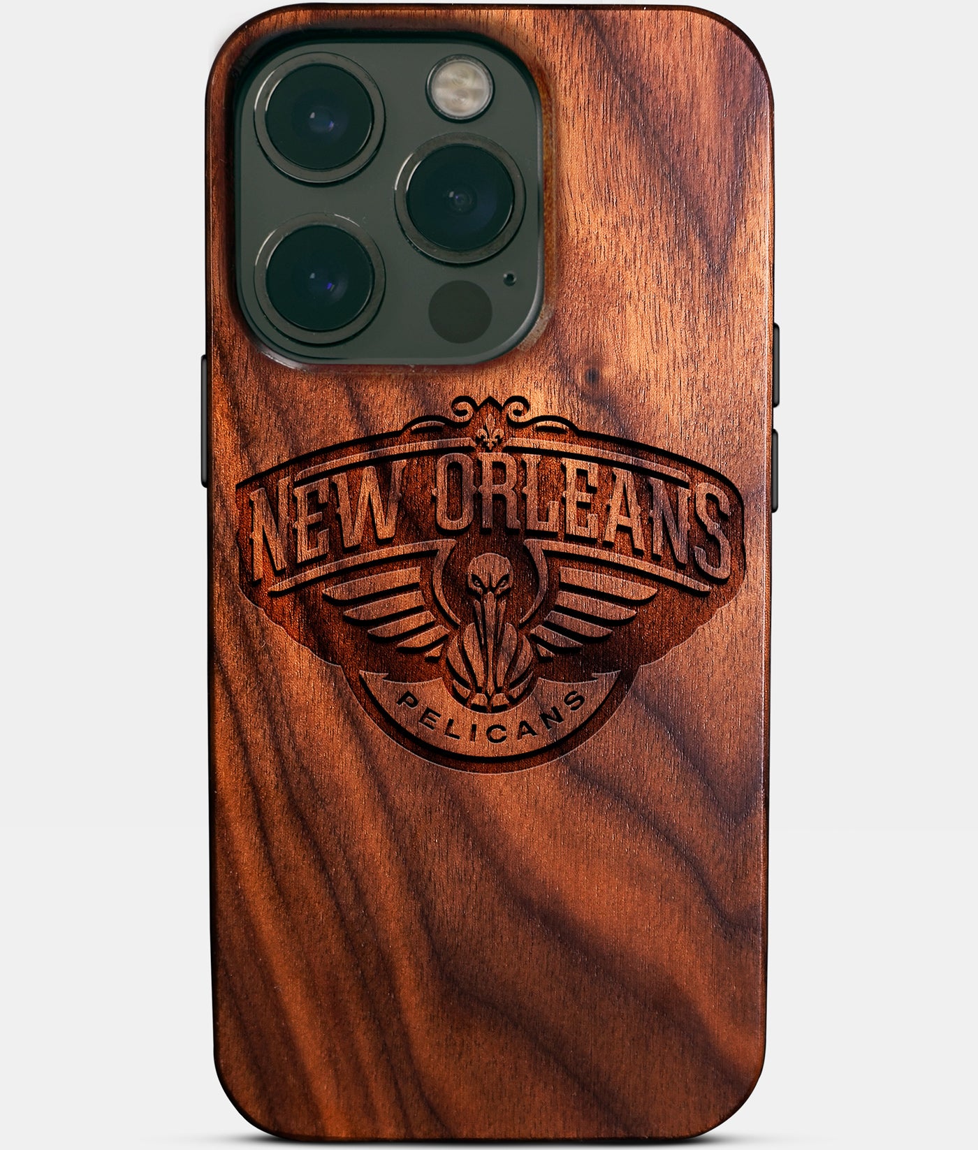 Eco-friendly New Orleans Pelicans iPhone 14 Pro Case - Carved Wood Custom New Orleans Pelicans Gift For Him - Monogrammed Personalized iPhone 14 Pro Cover By Engraved In Nature