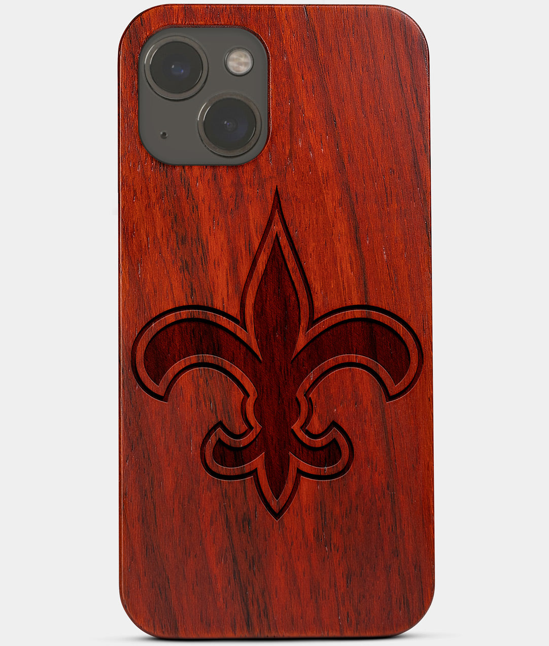 Carved Wood New Orleans Saints iPhone 13 Case | Custom New Orleans Saints Gift, Birthday Gift | Personalized Mahogany Wood Cover, Gifts For Him, Monogrammed Gift For Fan | by Engraved In Nature