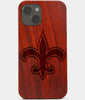 Carved Wood New Orleans Saints iPhone 13 Mini Case | Custom New Orleans Saints Gift, Birthday Gift | Personalized Mahogany Wood Cover, Gifts For Him, Monogrammed Gift For Fan | by Engraved In Nature
