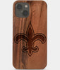Carved Wood New Orleans Saints iPhone 13 Mini Case | Custom New Orleans Saints Gift, Birthday Gift | Personalized Mahogany Wood Cover, Gifts For Him, Monogrammed Gift For Fan | by Engraved In Nature