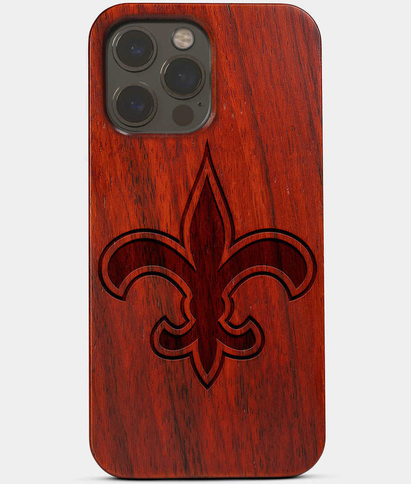 Carved Wood New Orleans Saints iPhone 13 Pro Case | Custom New Orleans Saints Gift, Birthday Gift | Personalized Mahogany Wood Cover, Gifts For Him, Monogrammed Gift For Fan | by Engraved In Nature