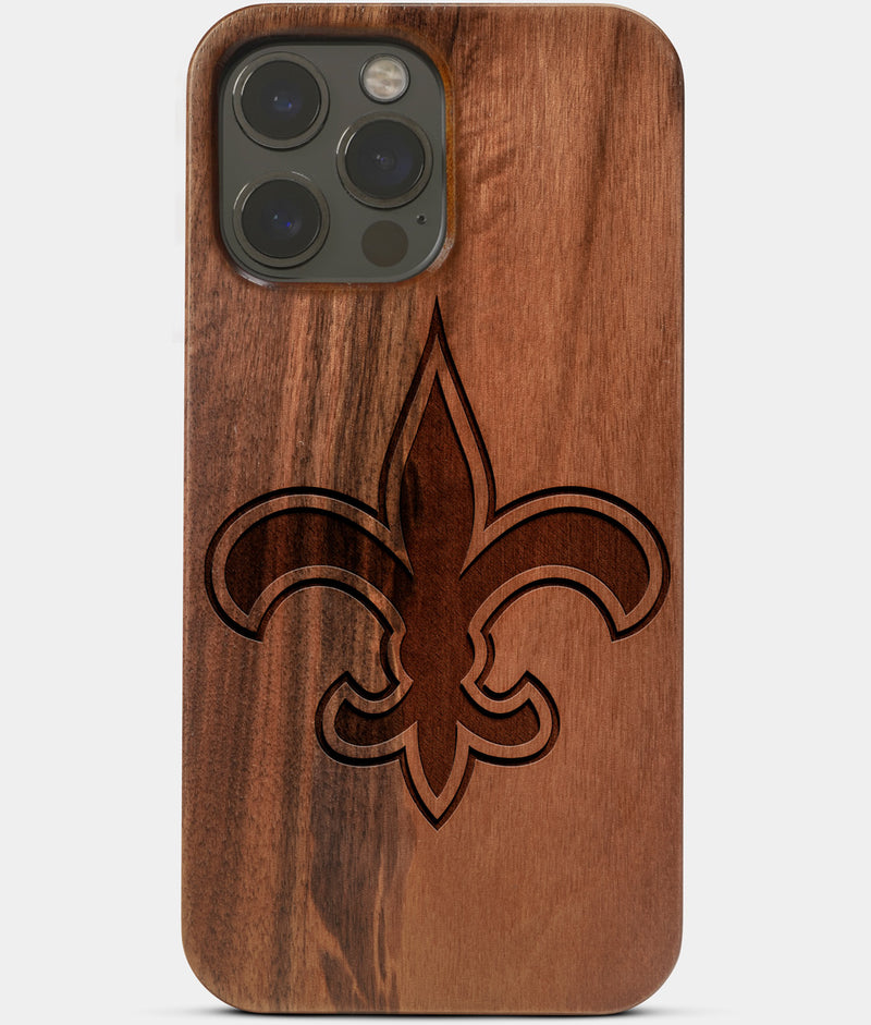 Carved Wood New Orleans Saints iPhone 13 Pro Max Case | Custom New Orleans Saints Gift, Birthday Gift | Personalized Mahogany Wood Cover, Gifts For Him, Monogrammed Gift For Fan | by Engraved In Nature