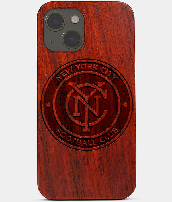 Carved Wood New York City FC iPhone 13 Case | Custom NY City FC Gift, Birthday Gift | Personalized Mahogany Wood Cover, Gifts For Him, Monogrammed Gift For Fan | by Engraved In Nature