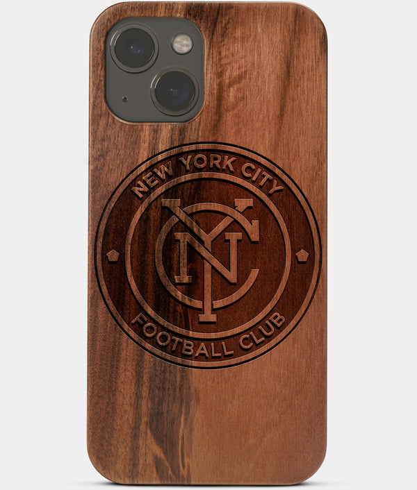 Carved Wood New York City FC iPhone 13 Case | Custom NY City FC Gift, Birthday Gift | Personalized Mahogany Wood Cover, Gifts For Him, Monogrammed Gift For Fan | by Engraved In Nature