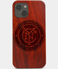 Carved Wood New York City FC iPhone 13 Mini Case | Custom NY City FC Gift, Birthday Gift | Personalized Mahogany Wood Cover, Gifts For Him, Monogrammed Gift For Fan | by Engraved In Nature