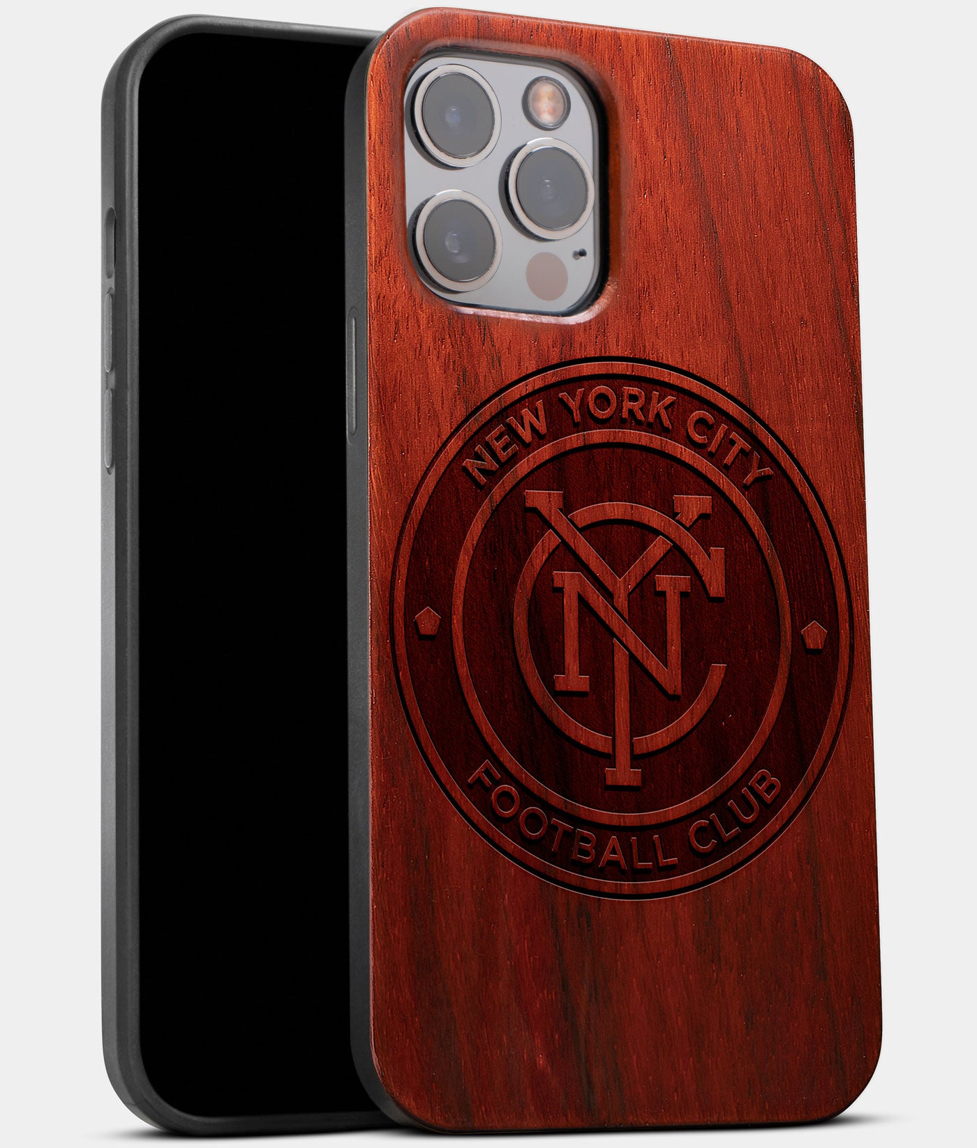Best Wood New York City FC iPhone 13 Pro Case | Custom NY City FC Gift | Mahogany Wood Cover - Engraved In Nature