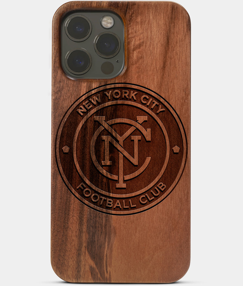 Carved Wood New York City FC iPhone 13 Pro Max Case | Custom NY City FC Gift, Birthday Gift | Personalized Mahogany Wood Cover, Gifts For Him, Monogrammed Gift For Fan | by Engraved In Nature