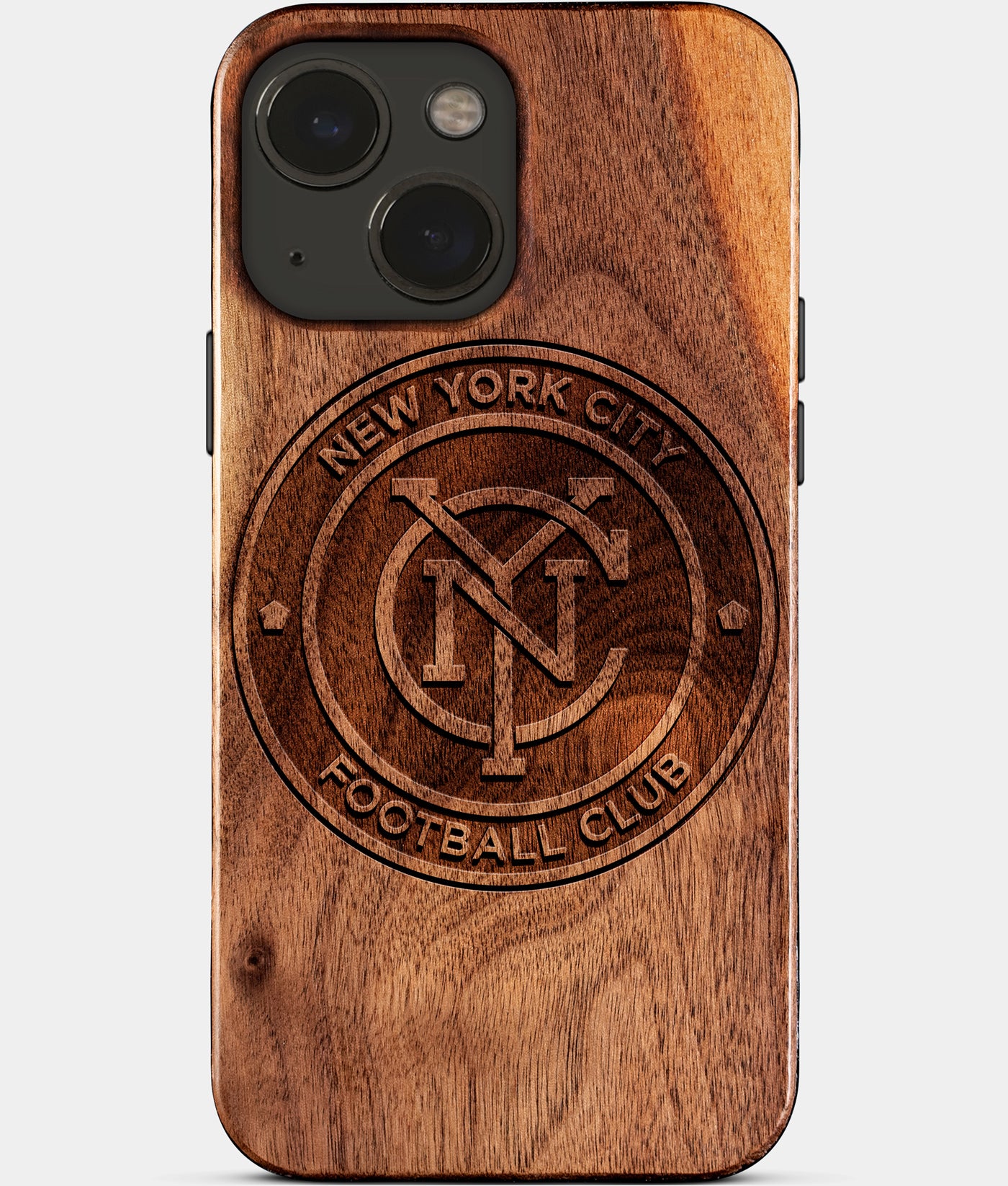 Eco-friendly New York City FC iPhone 15 Plus Case - Carved Wood Custom New York City FC Gift For Him - Monogrammed Personalized iPhone 15 Plus Cover By Engraved In Nature