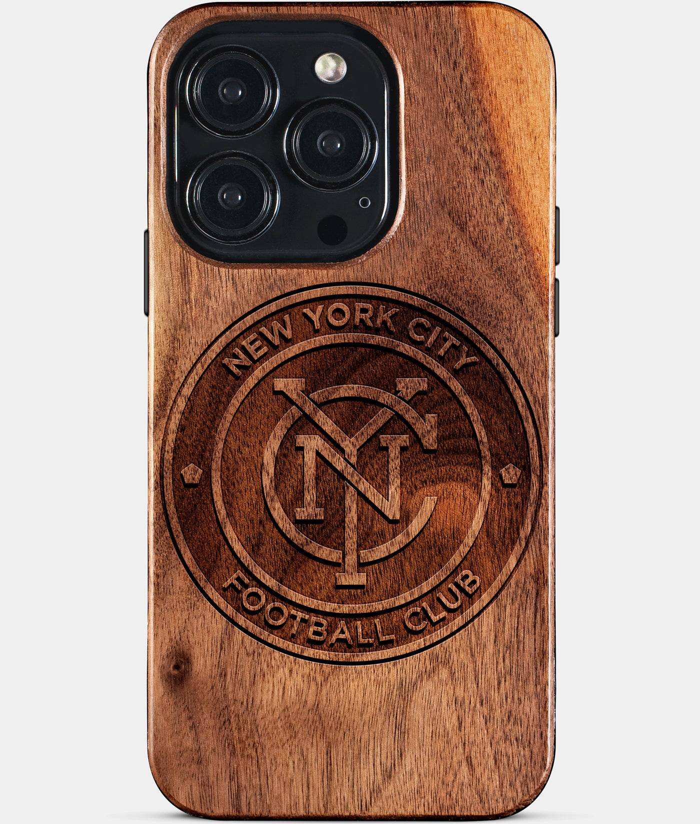 Eco-friendly New York City FC iPhone 15 Pro Case - Carved Wood Custom New York City FC Gift For Him - Monogrammed Personalized iPhone 15 Pro Cover By Engraved In Nature