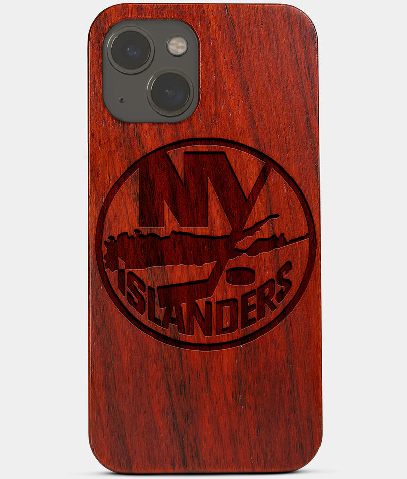 Carved Wood New York Islanders iPhone 13 Mini Case | Custom NY Islanders Gift, Birthday Gift | Personalized Mahogany Wood Cover, Gifts For Him, Monogrammed Gift For Fan | by Engraved In Nature